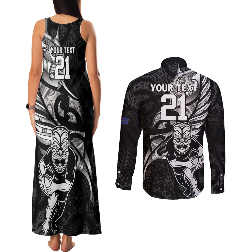 Custom New Zealand Maori Rugby Couples Matching Tank Maxi Dress and Long Sleeve Button Shirt Rarauhe Pango Silver Fern Manaia