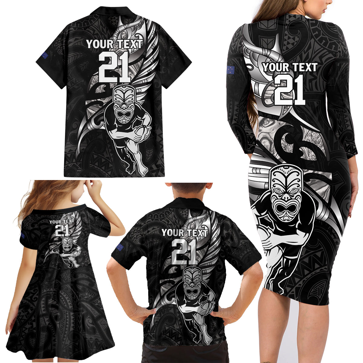 Custom New Zealand Maori Rugby Family Matching Long Sleeve Bodycon Dress and Hawaiian Shirt Rarauhe Pango Silver Fern Manaia