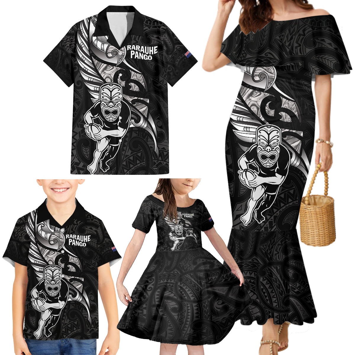 Custom New Zealand Maori Rugby Family Matching Mermaid Dress and Hawaiian Shirt Rarauhe Pango Silver Fern Manaia