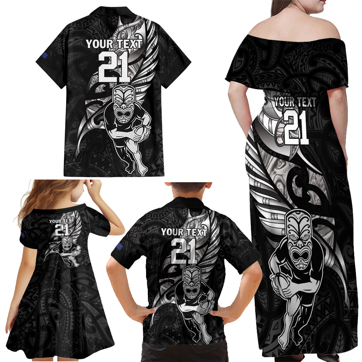 Custom New Zealand Maori Rugby Family Matching Off Shoulder Maxi Dress and Hawaiian Shirt Rarauhe Pango Silver Fern Manaia