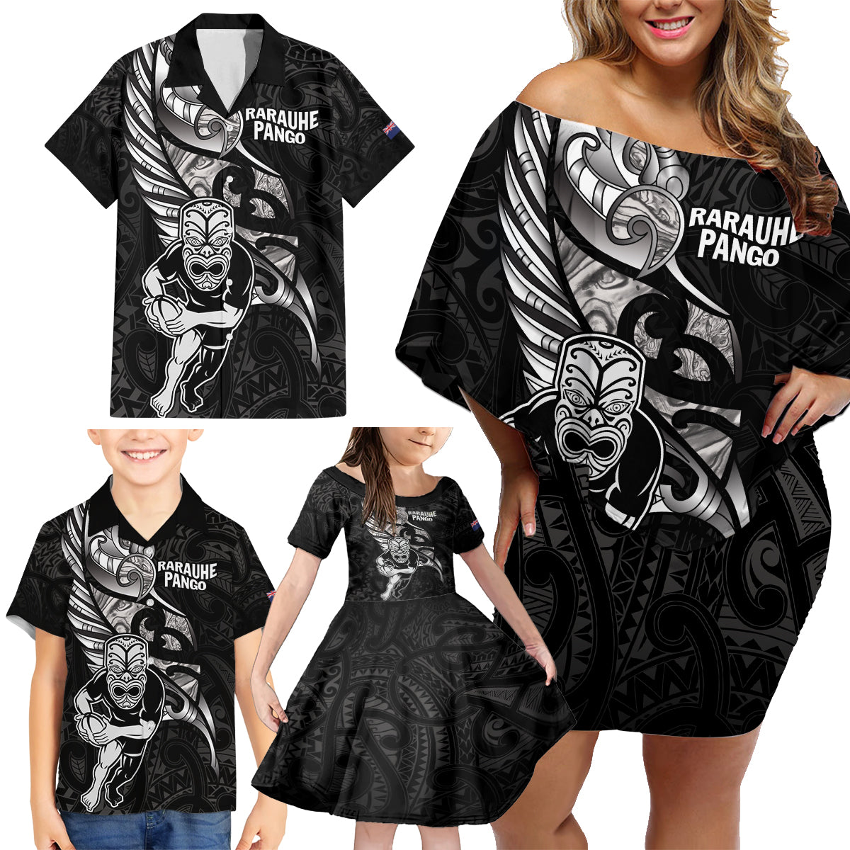 Custom New Zealand Maori Rugby Family Matching Off Shoulder Short Dress and Hawaiian Shirt Rarauhe Pango Silver Fern Manaia
