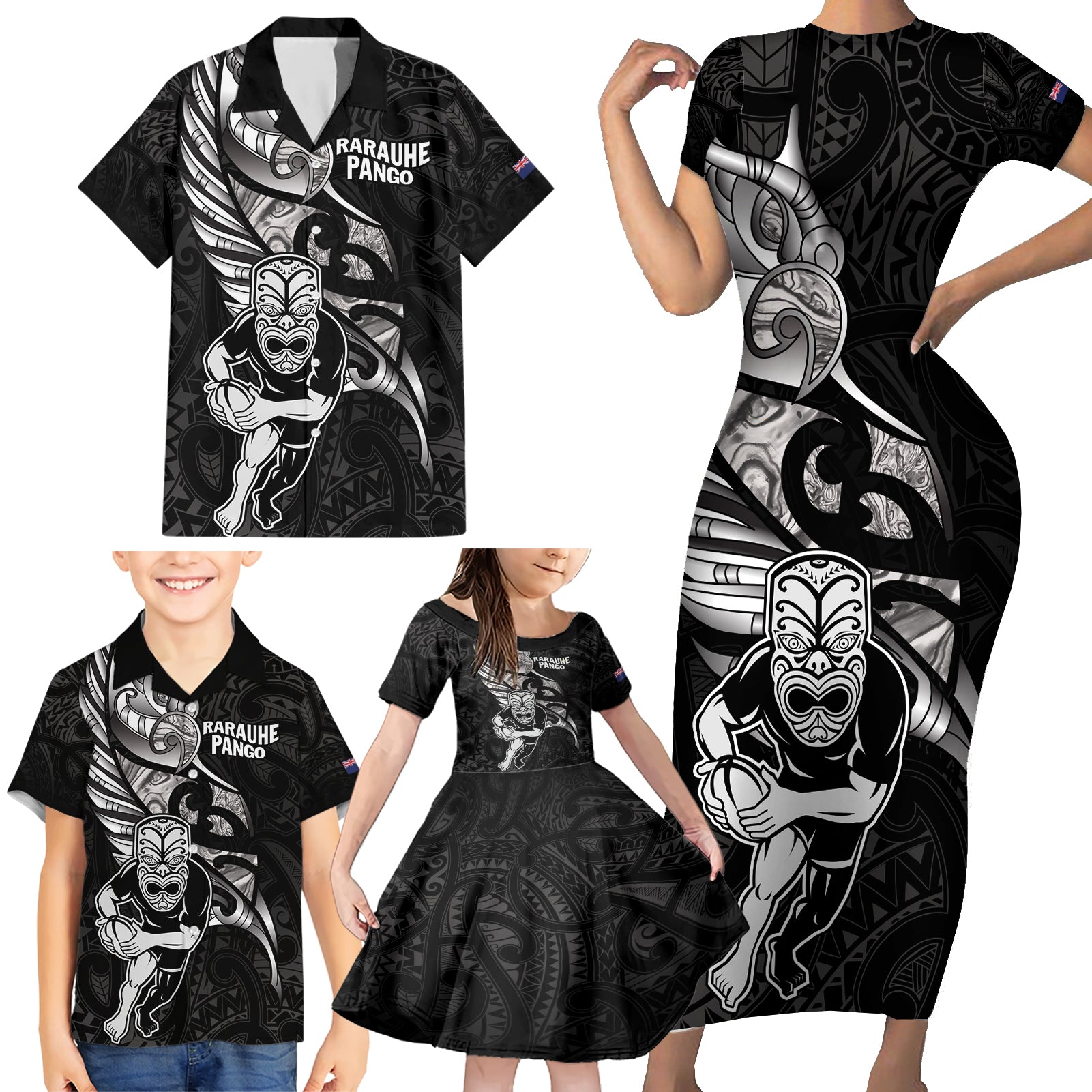 Custom New Zealand Maori Rugby Family Matching Short Sleeve Bodycon Dress and Hawaiian Shirt Rarauhe Pango Silver Fern Manaia