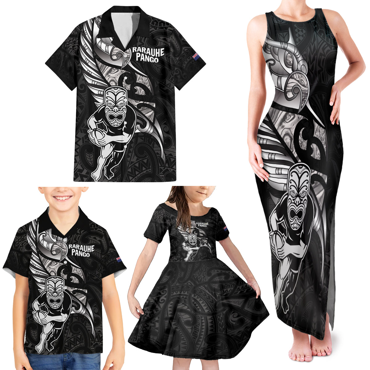 Custom New Zealand Maori Rugby Family Matching Tank Maxi Dress and Hawaiian Shirt Rarauhe Pango Silver Fern Manaia