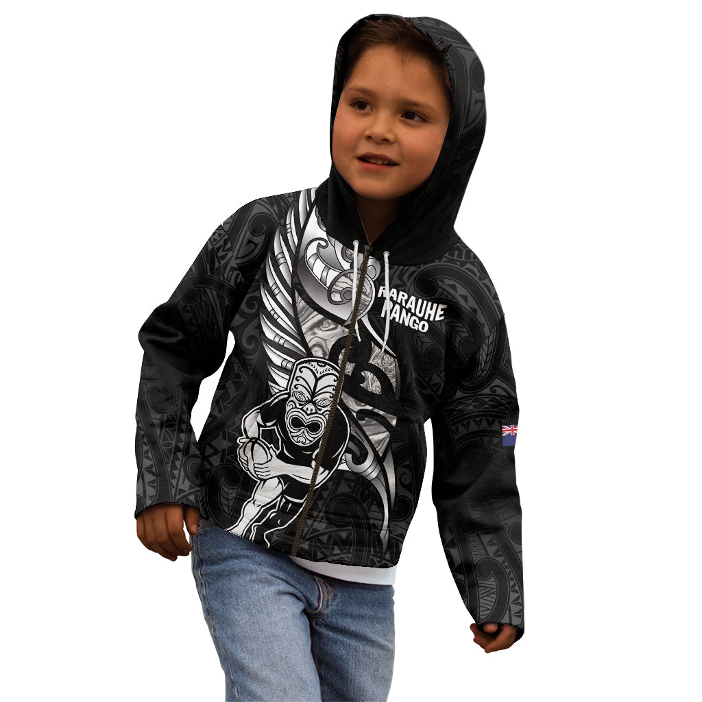 Custom New Zealand Maori Rugby Kid Hoodie Rarauhe Pango Silver Fern Manaia - Vibe Hoodie Shop