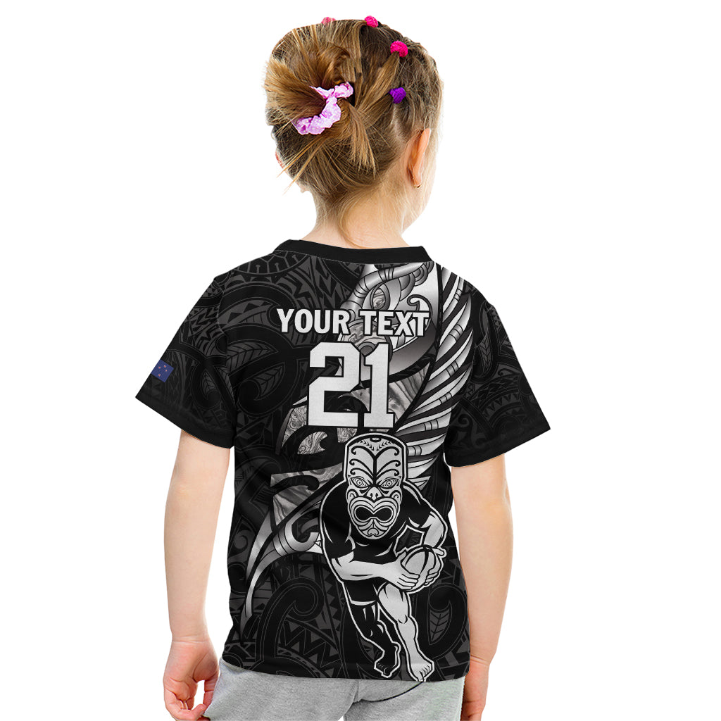 Custom New Zealand Maori Rugby Kid T Shirt Rarauhe Pango Silver Fern Manaia - Vibe Hoodie Shop