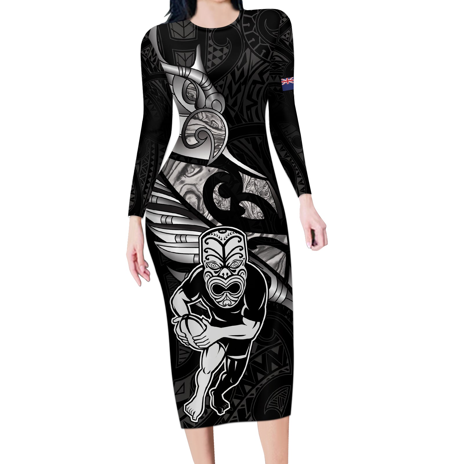 Custom New Zealand Maori Rugby Long Sleeve Bodycon Dress Rarauhe Pango Silver Fern Manaia