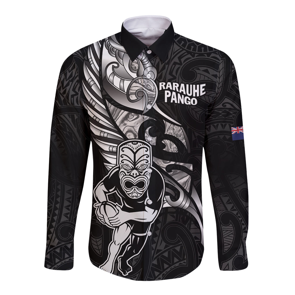 Custom New Zealand Maori Rugby Long Sleeve Button Shirt Rarauhe Pango Silver Fern Manaia - Vibe Hoodie Shop
