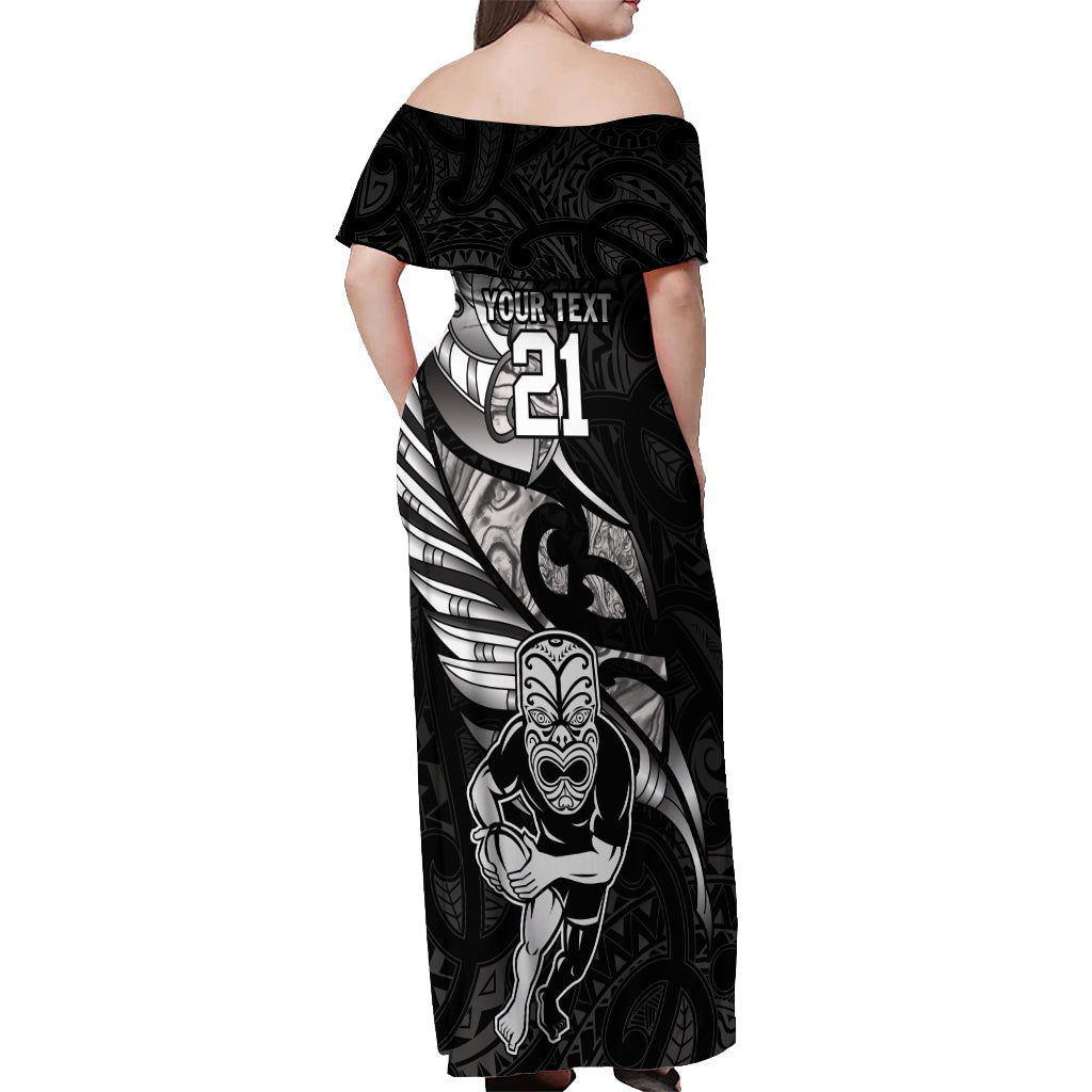 Custom New Zealand Maori Rugby Off Shoulder Maxi Dress Rarauhe Pango Silver Fern Manaia