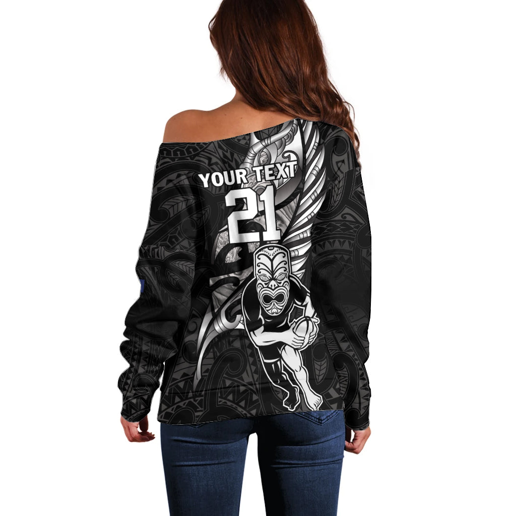 Custom New Zealand Maori Rugby Off Shoulder Sweater Rarauhe Pango Silver Fern Manaia - Vibe Hoodie Shop