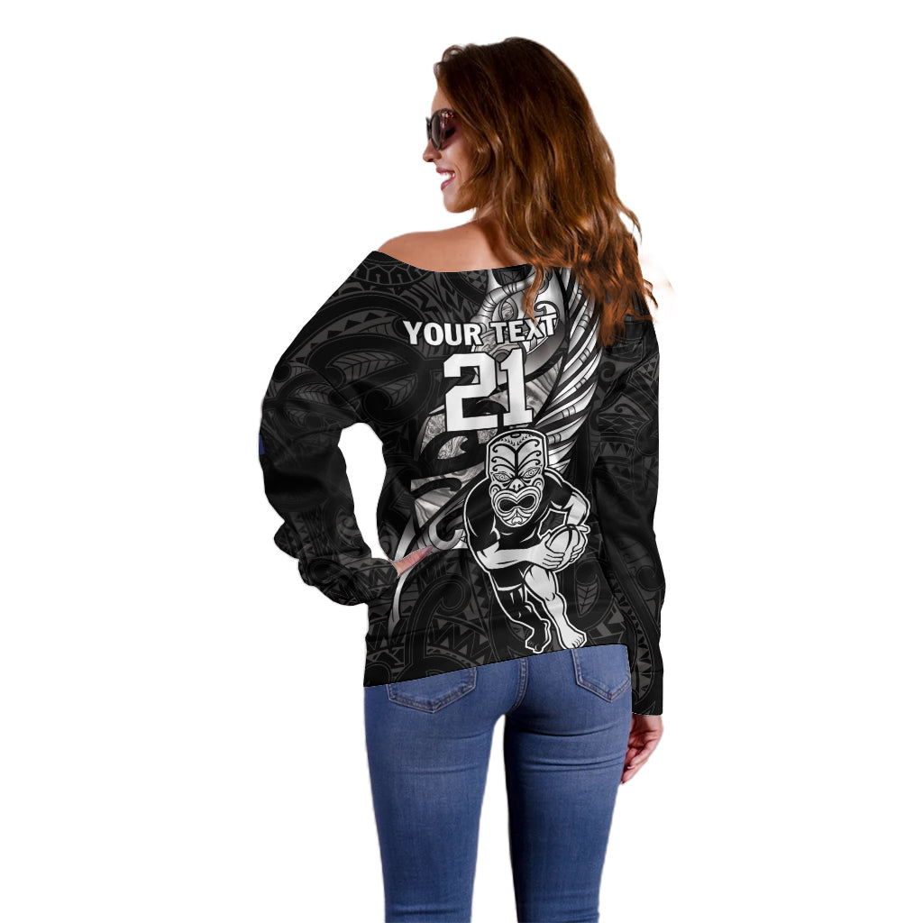 Custom New Zealand Maori Rugby Off Shoulder Sweater Rarauhe Pango Silver Fern Manaia - Vibe Hoodie Shop