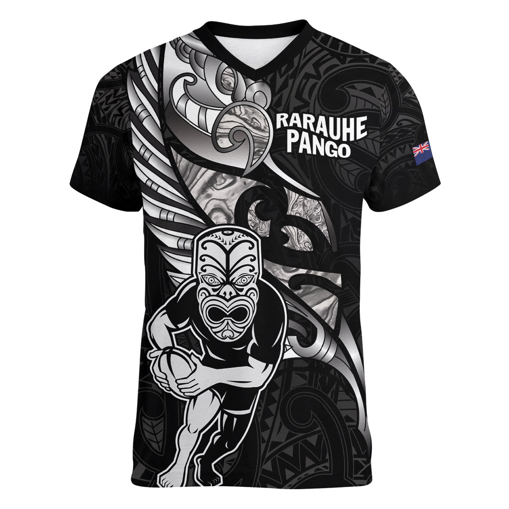 Custom New Zealand Maori Rugby Women V-Neck T-Shirt Rarauhe Pango Silver Fern Manaia - Vibe Hoodie Shop