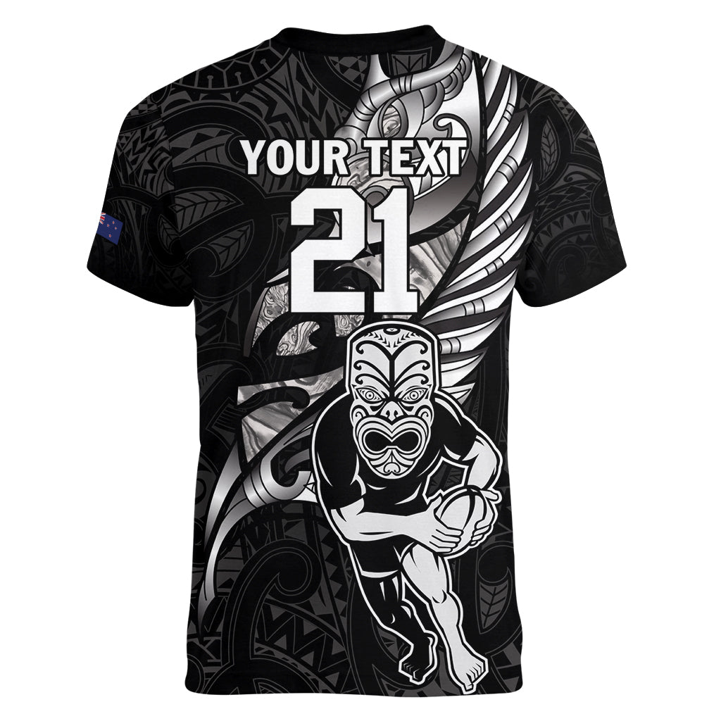 Custom New Zealand Maori Rugby Women V-Neck T-Shirt Rarauhe Pango Silver Fern Manaia - Vibe Hoodie Shop