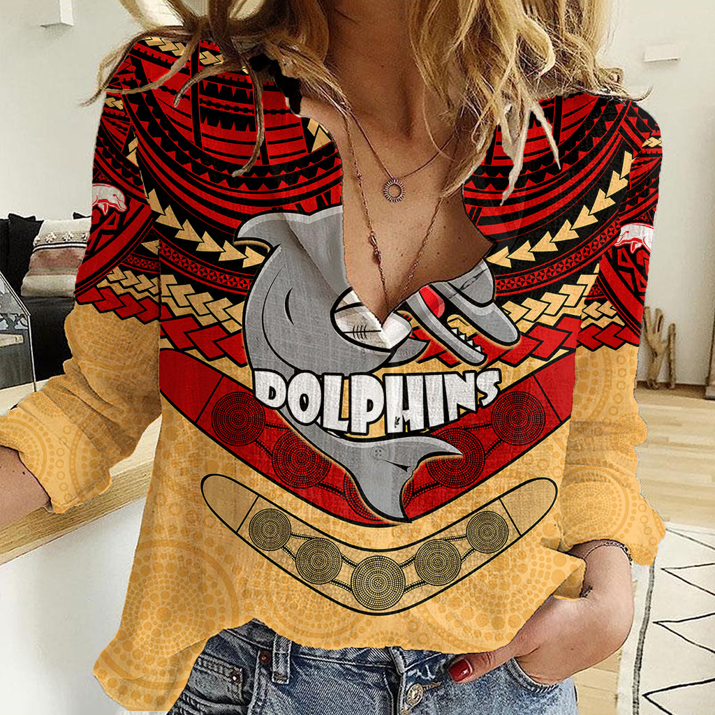 Custom Dolphins Rugby Women Casual Shirt Polynesian and Aboriginal Vibe - Vibe Hoodie Shop