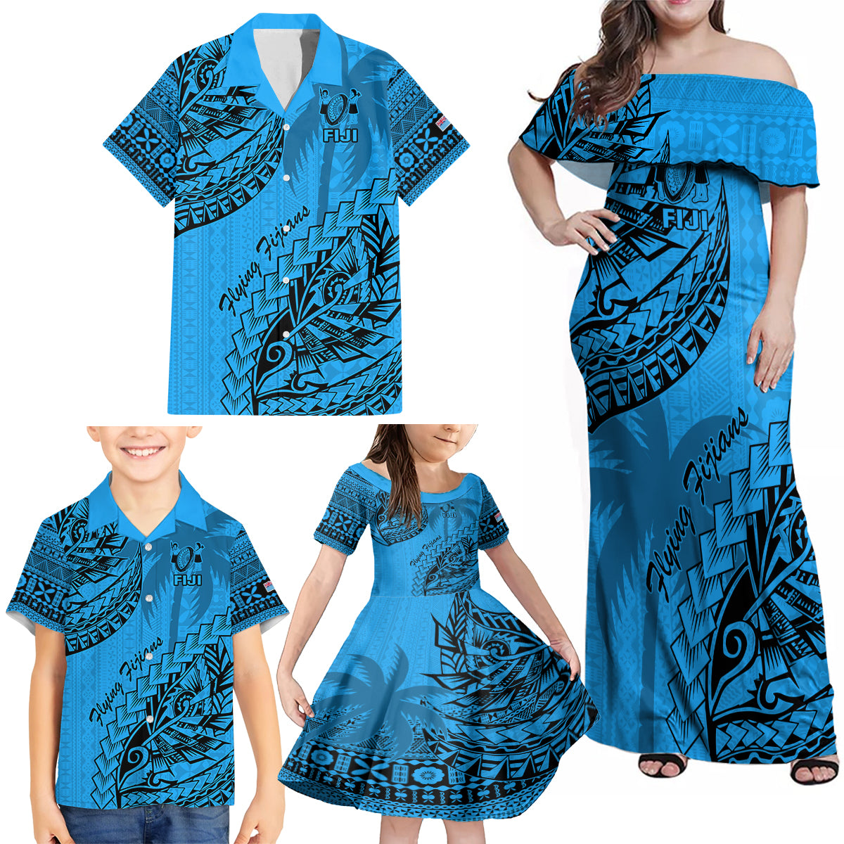 custom-fiji-rugby-family-matching-off-shoulder-maxi-dress-and-hawaiian-shirt-kaiviti-fijian-tribal-world-cup-blue-no1