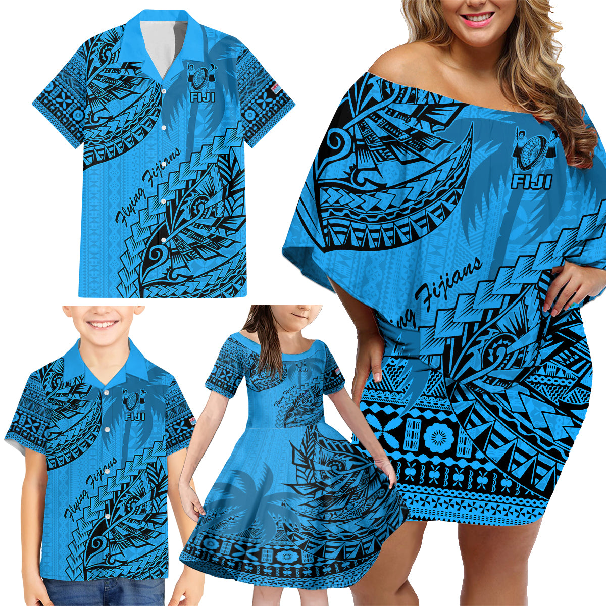 custom-fiji-rugby-family-matching-off-shoulder-short-dress-and-hawaiian-shirt-kaiviti-fijian-tribal-world-cup-blue-no1