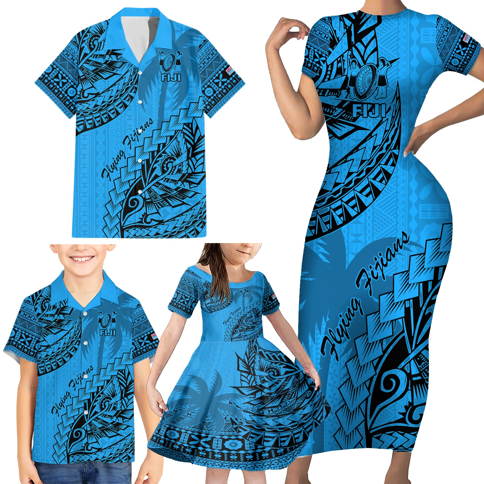 custom-fiji-rugby-family-matching-short-sleeve-bodycon-dress-and-hawaiian-shirt-kaiviti-fijian-tribal-world-cup-blue-no1