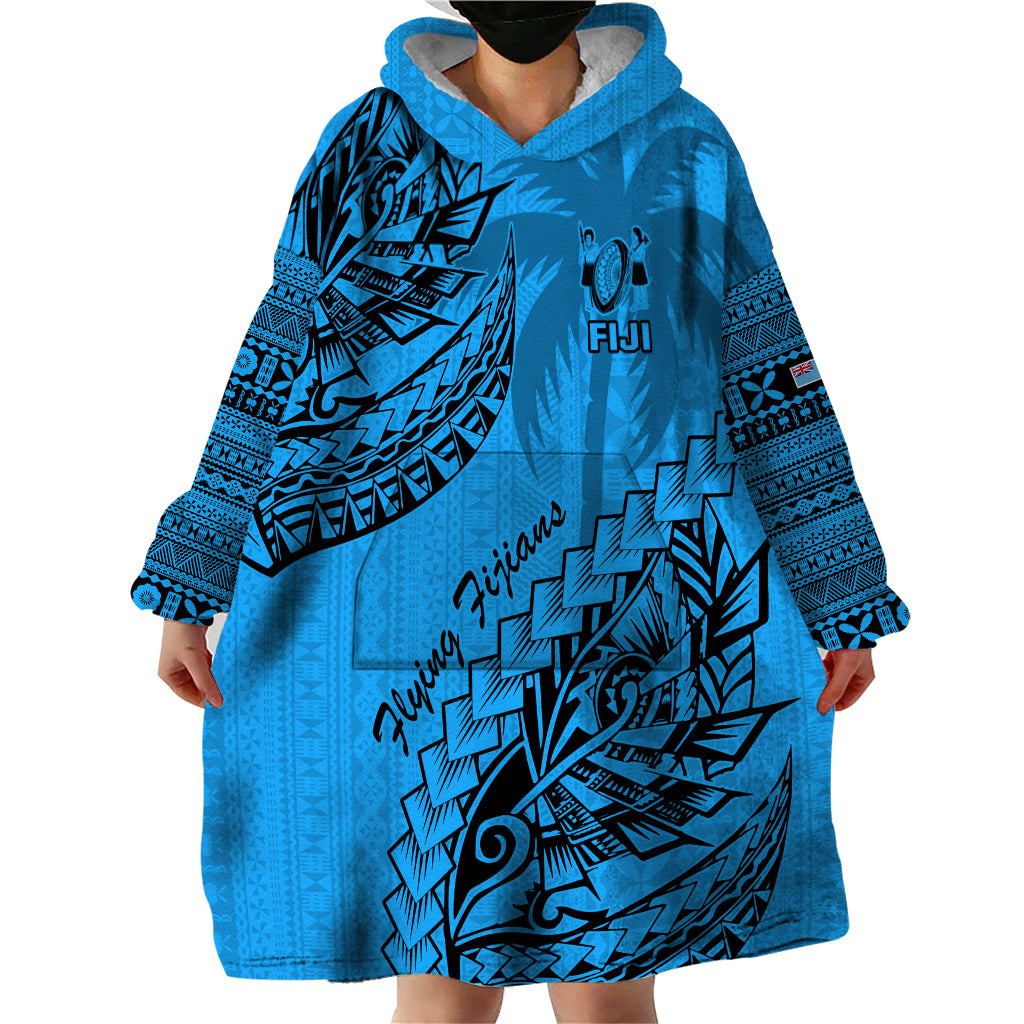 Custom Fiji Rugby Wearable Blanket Hoodie Kaiviti Fijian Tribal World Cup Blue No1 - Vibe Hoodie Shop