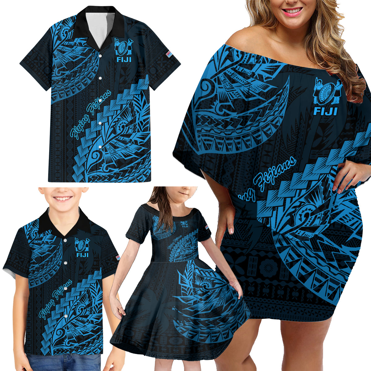 custom-fiji-rugby-family-matching-off-shoulder-short-dress-and-hawaiian-shirt-kaiviti-fijian-tribal-world-cup-blue-no2