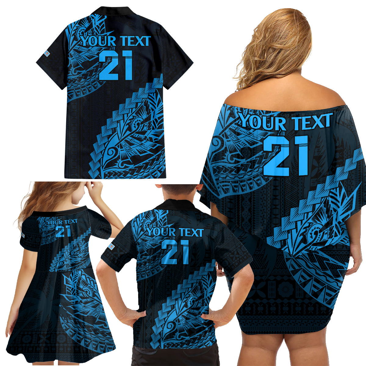 custom-fiji-rugby-family-matching-off-shoulder-short-dress-and-hawaiian-shirt-kaiviti-fijian-tribal-world-cup-blue-no2