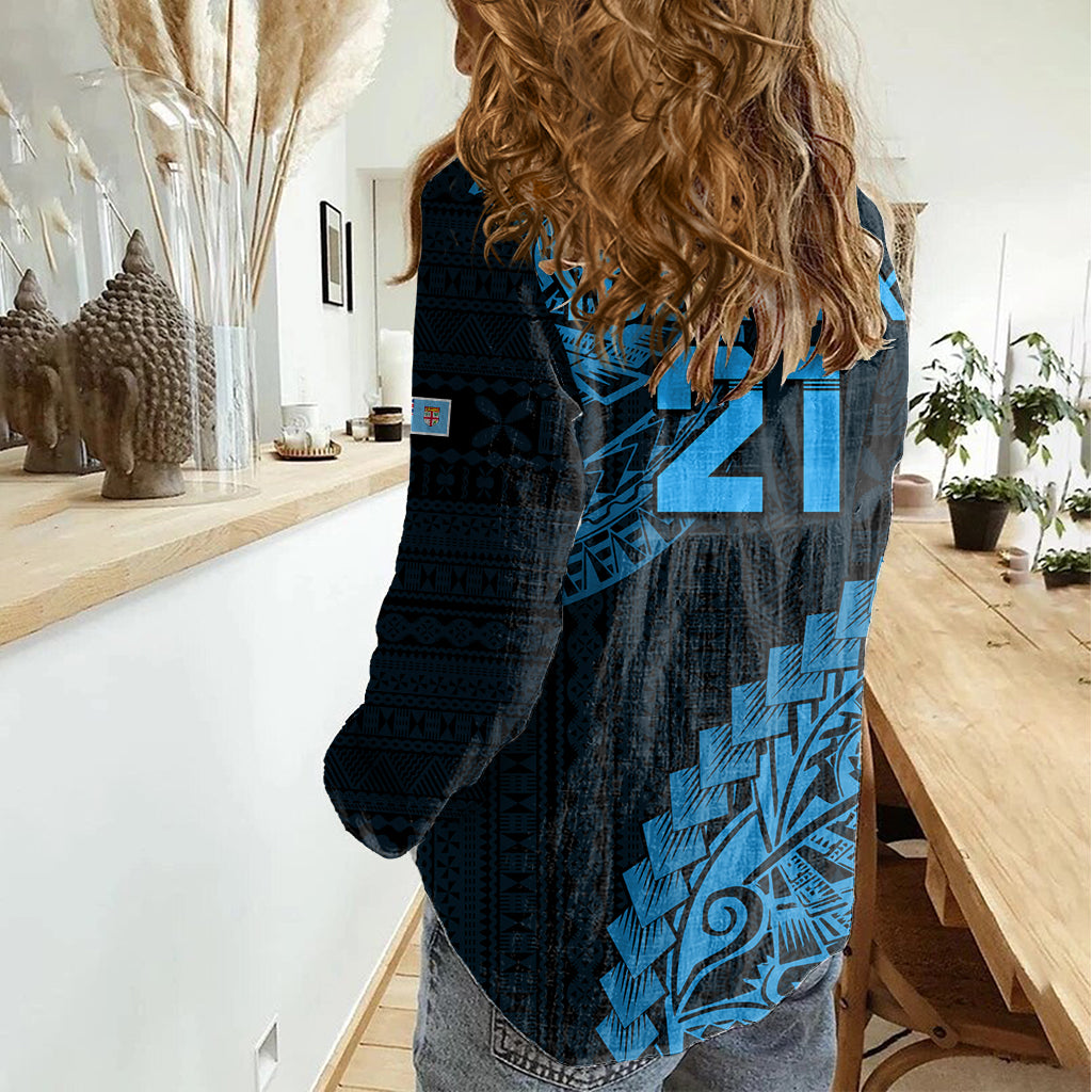 Custom Fiji Rugby Women Casual Shirt Kaiviti Fijian Tribal World Cup Blue No2 - Vibe Hoodie Shop