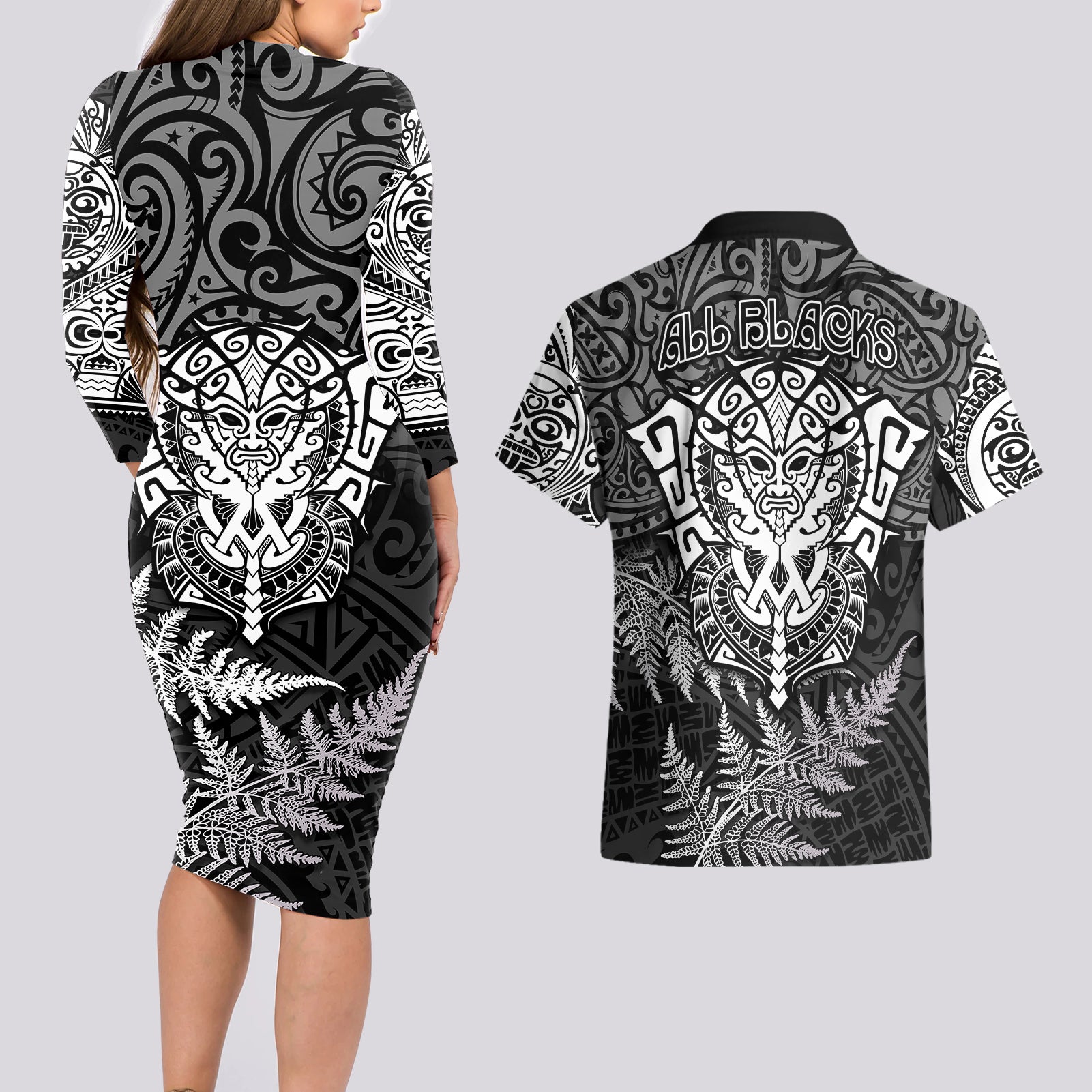 new-zealand-rugby-couples-matching-long-sleeve-bodycon-dress-and-hawaiian-shirt-silver-fern-all-black-mix-ta-moko-white-style
