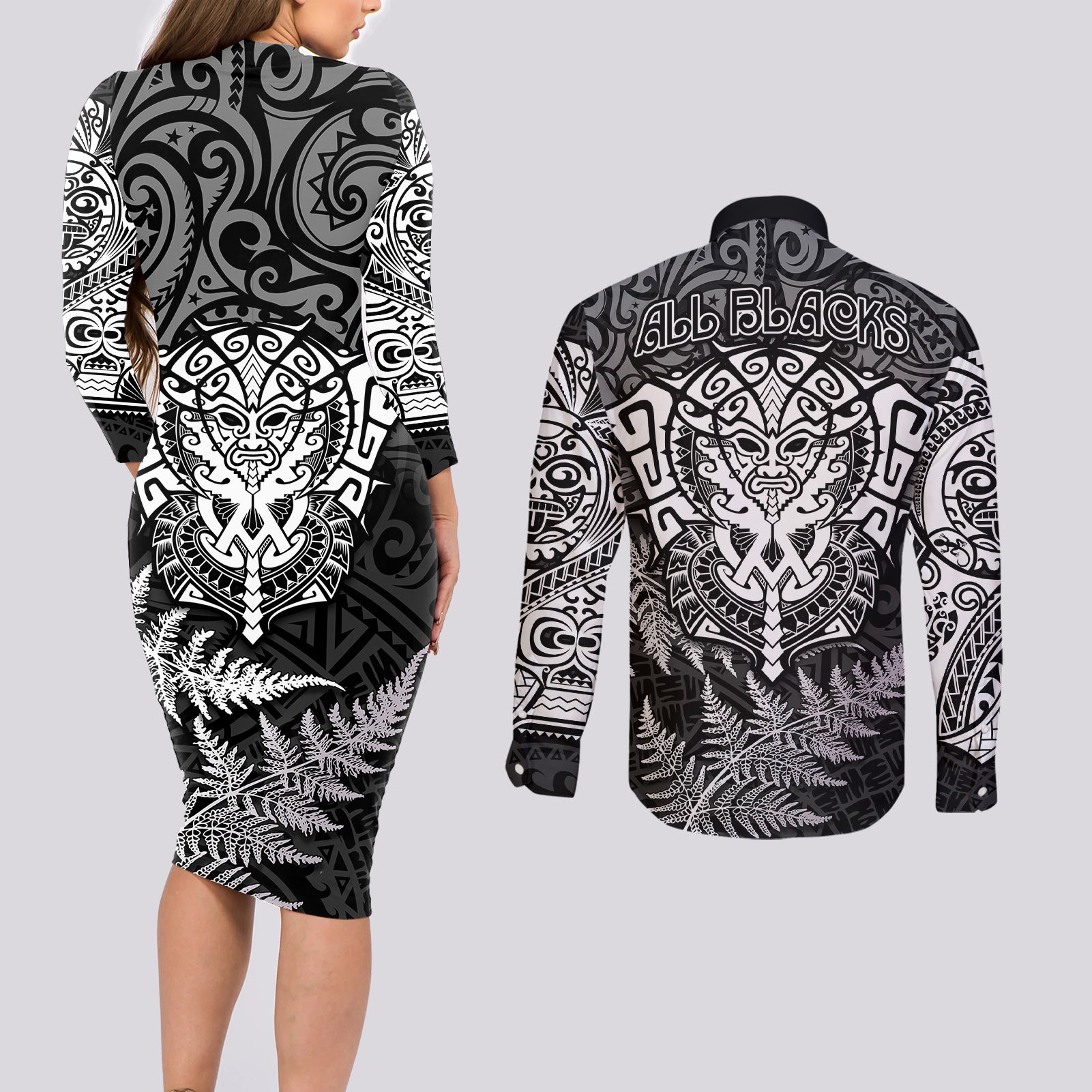 new-zealand-rugby-couples-matching-long-sleeve-bodycon-dress-and-long-sleeve-button-shirts-silver-fern-all-black-mix-ta-moko-white-style
