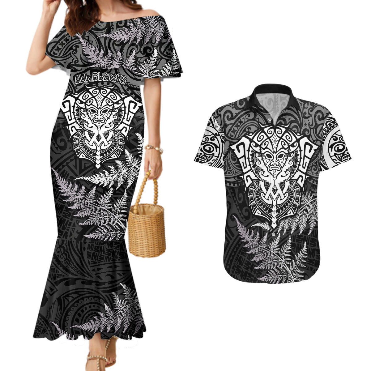 new-zealand-rugby-couples-matching-mermaid-dress-and-hawaiian-shirt-silver-fern-all-black-mix-ta-moko-white-style