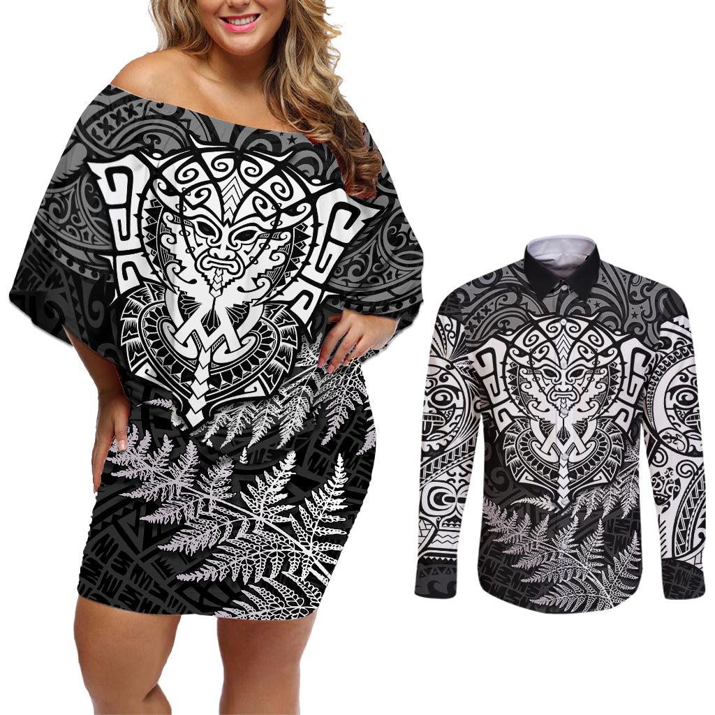 new-zealand-rugby-couples-matching-off-shoulder-short-dress-and-long-sleeve-button-shirts-silver-fern-all-black-mix-ta-moko-white-style