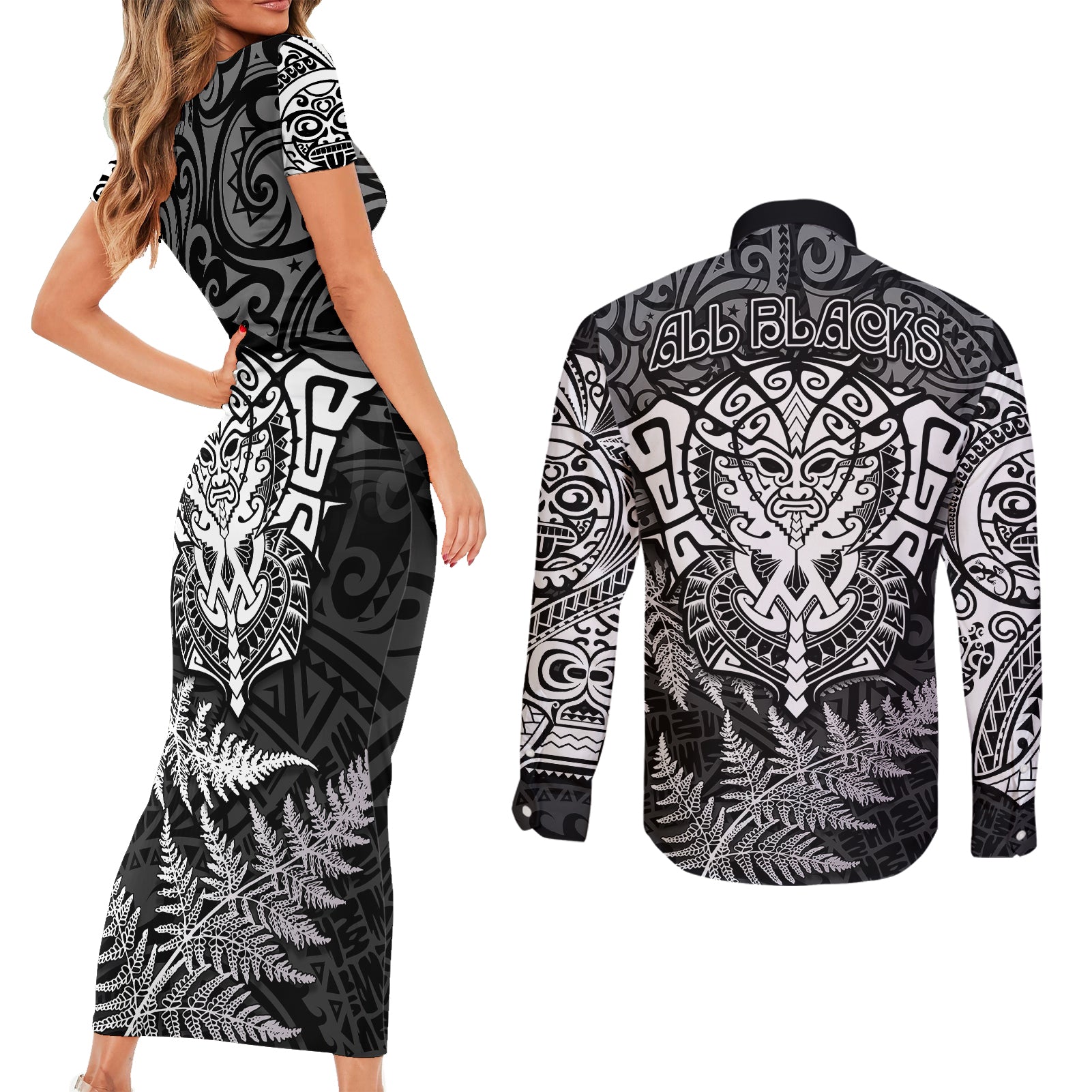 new-zealand-rugby-couples-matching-short-sleeve-bodycon-dress-and-long-sleeve-button-shirts-silver-fern-all-black-mix-ta-moko-white-style