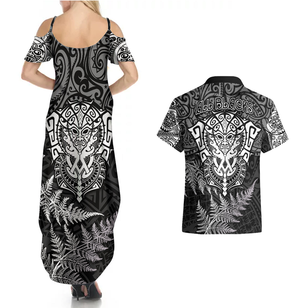 new-zealand-rugby-couples-matching-summer-maxi-dress-and-hawaiian-shirt-silver-fern-all-black-mix-ta-moko-white-style