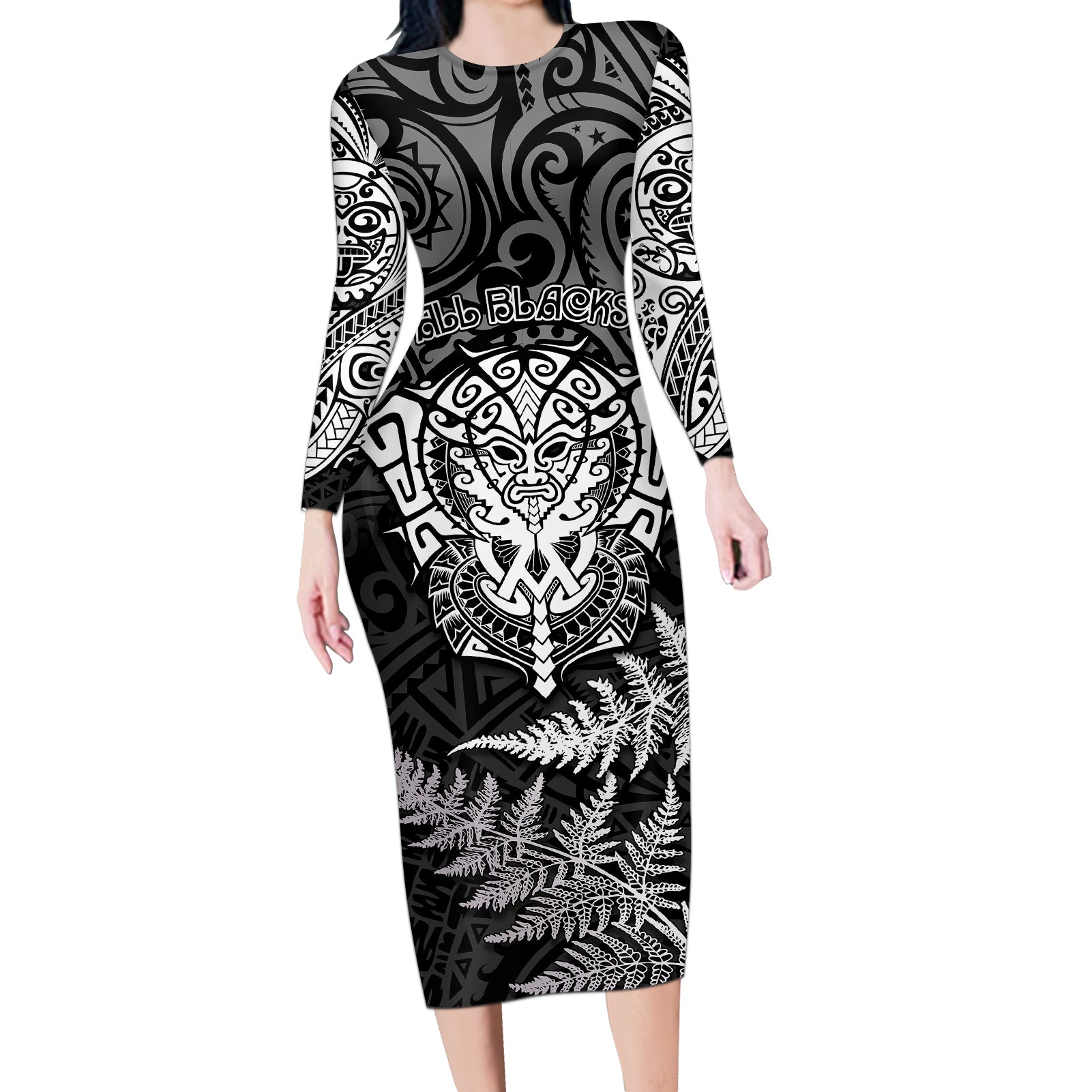 new-zealand-rugby-long-sleeve-bodycon-dress-silver-fern-all-black-mix-ta-moko-white-style