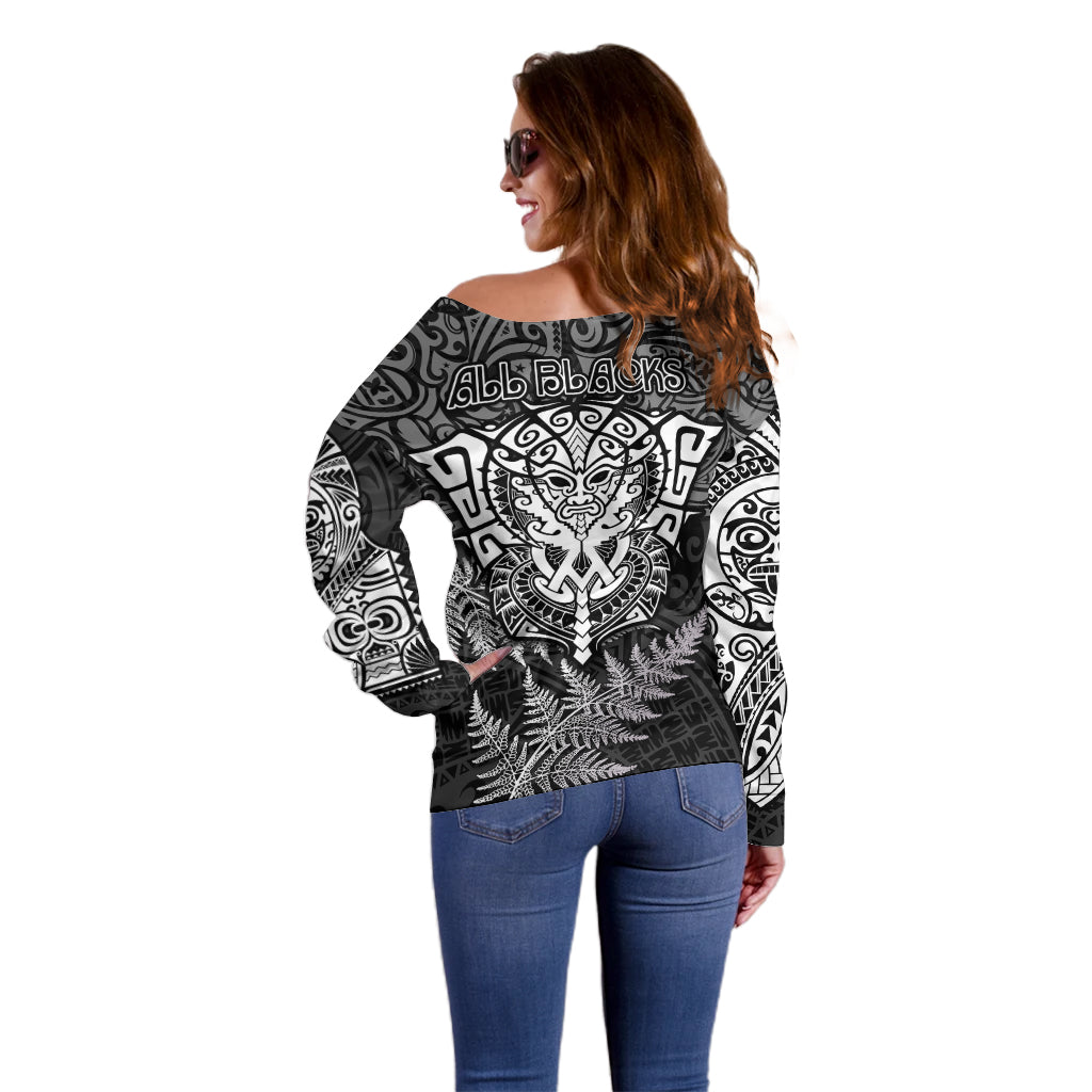 New Zealand Rugby Off Shoulder Sweater Silver Fern All Black Mix Ta Moko White Style - Vibe Hoodie Shop