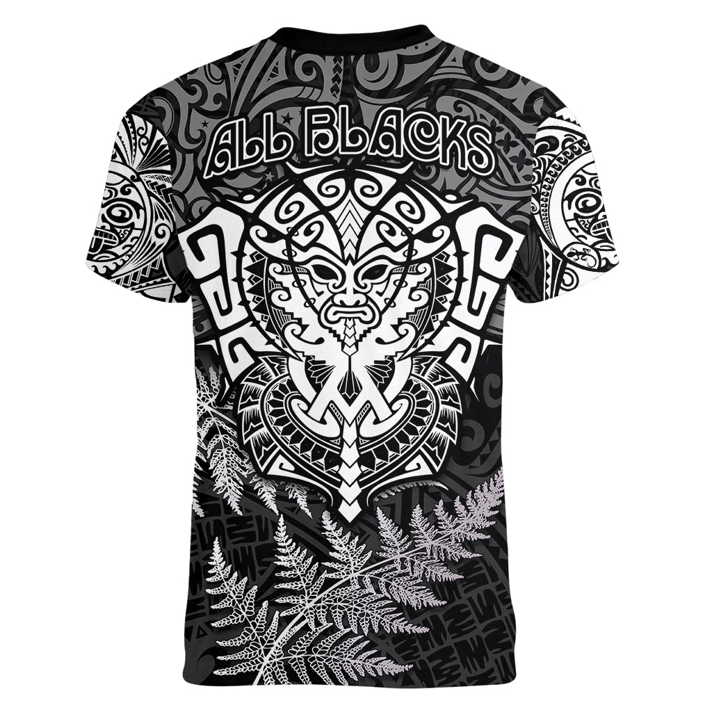 New Zealand Rugby Women V Neck T Shirt Silver Fern All Black Mix Ta Moko White Style - Vibe Hoodie Shop