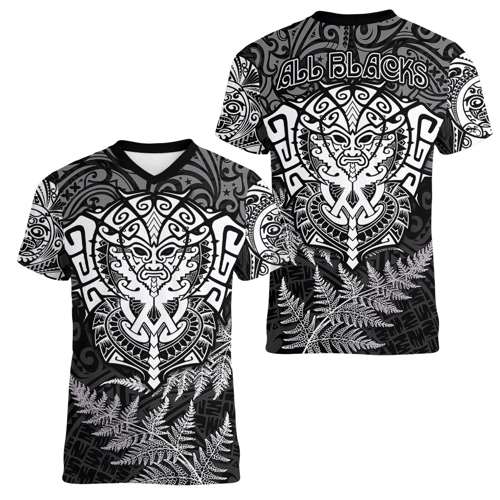 New Zealand Rugby Women V Neck T Shirt Silver Fern All Black Mix Ta Moko White Style - Vibe Hoodie Shop