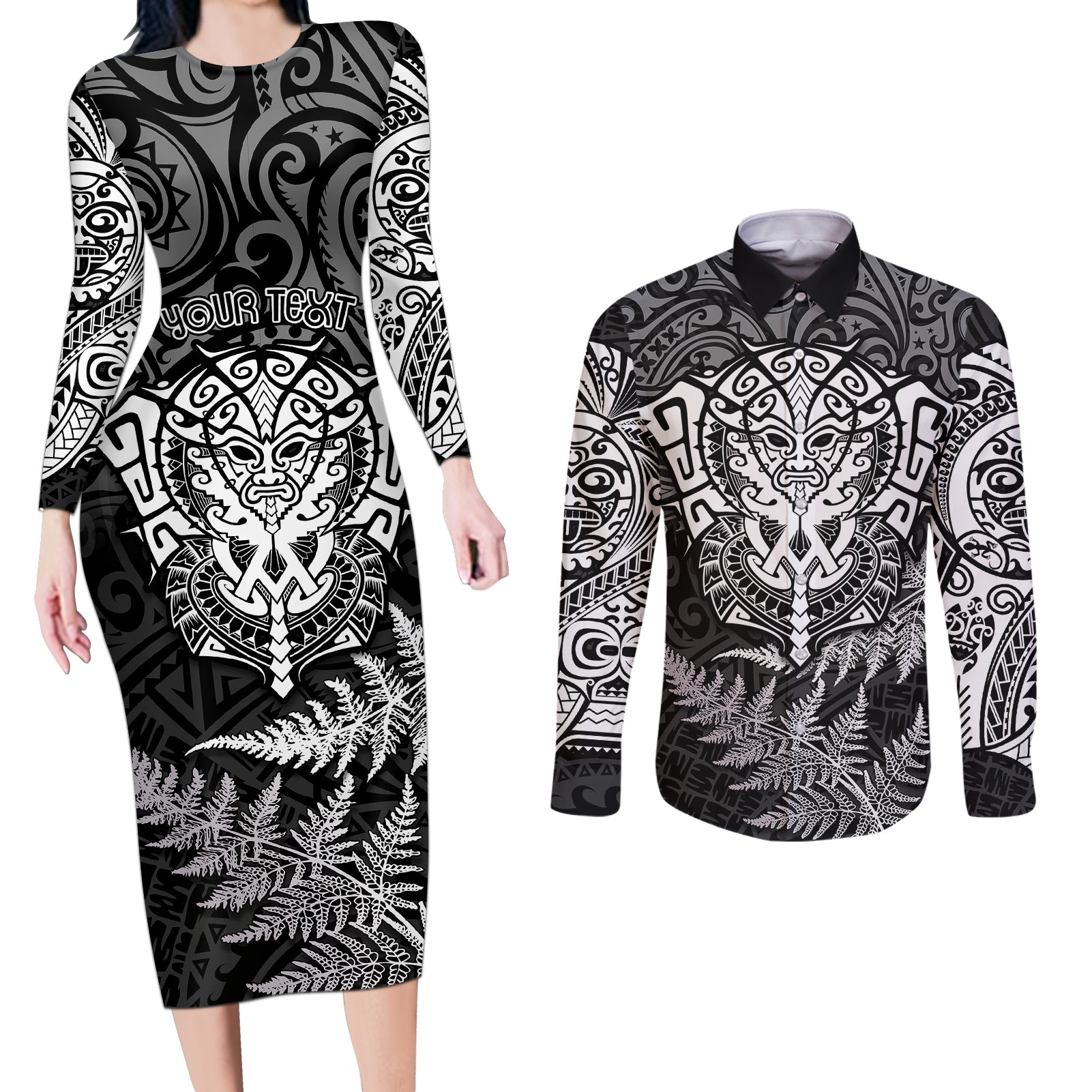 personalised-new-zealand-rugby-couples-matching-long-sleeve-bodycon-dress-and-long-sleeve-button-shirts-silver-fern-all-black-mix-ta-moko-white-style