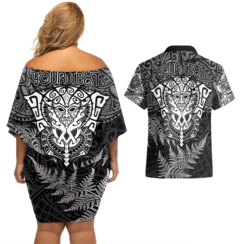 personalised-new-zealand-rugby-couples-matching-off-shoulder-short-dress-and-hawaiian-shirt-silver-fern-all-black-mix-ta-moko-white-style