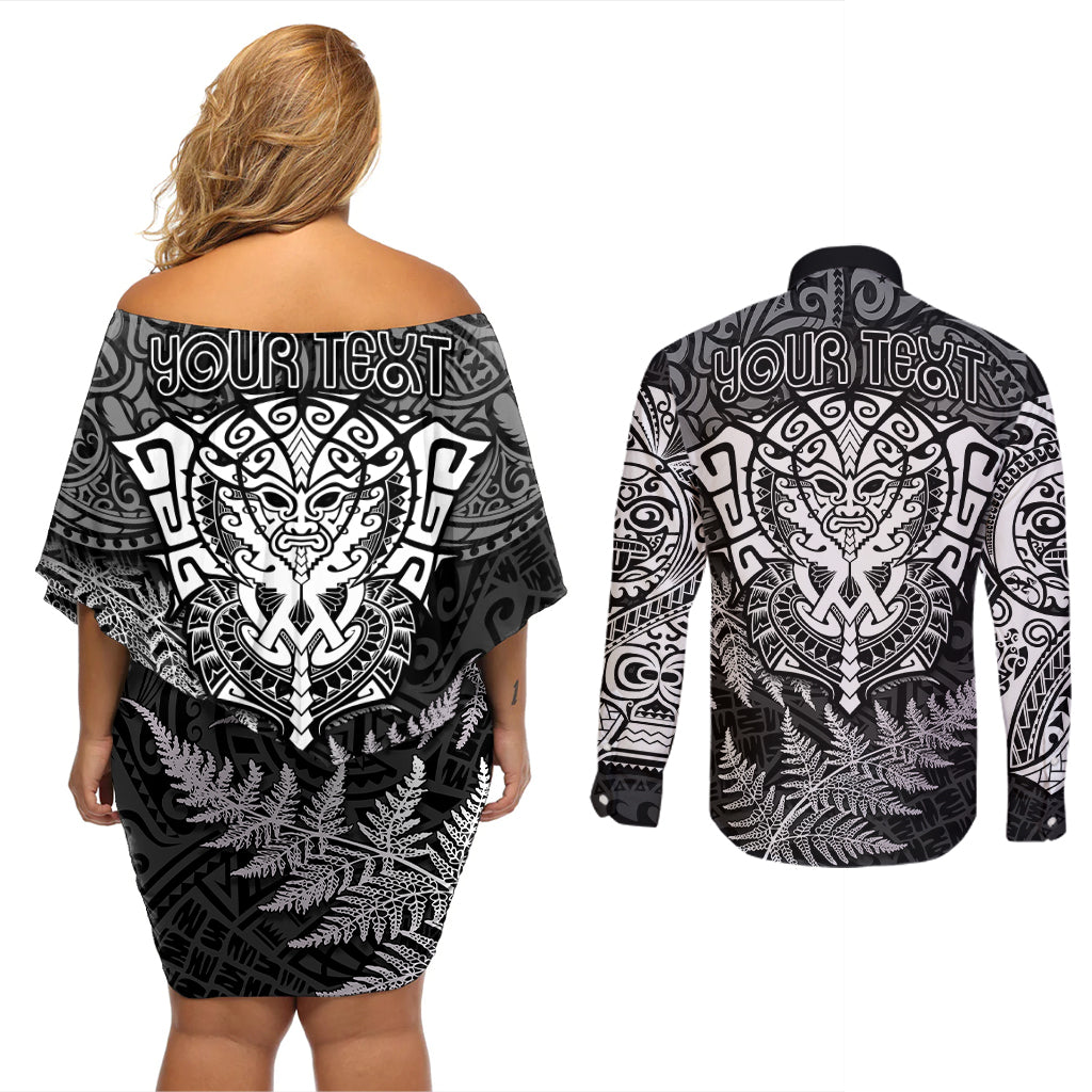 personalised-new-zealand-rugby-couples-matching-off-shoulder-short-dress-and-long-sleeve-button-shirts-silver-fern-all-black-mix-ta-moko-white-style