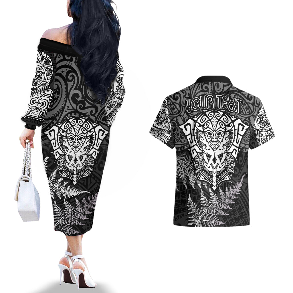 personalised-new-zealand-rugby-couples-matching-off-the-shoulder-long-sleeve-dress-and-hawaiian-shirt-silver-fern-all-black-mix-ta-moko-white-style