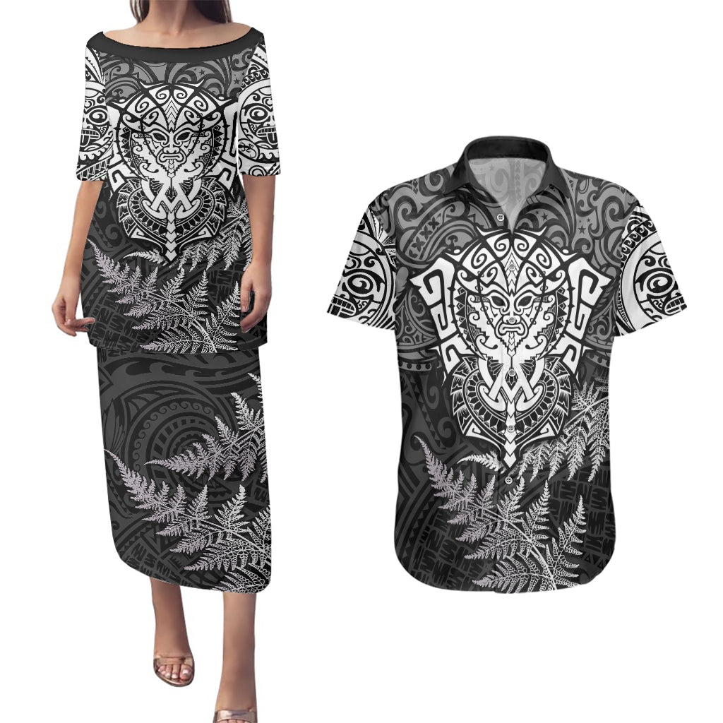 personalised-new-zealand-rugby-couples-matching-puletasi-dress-and-hawaiian-shirt-silver-fern-all-black-mix-ta-moko-white-style