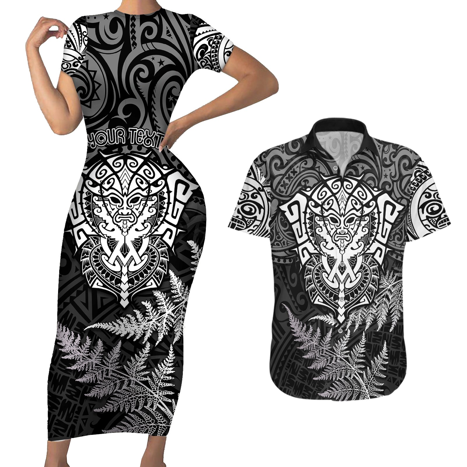 personalised-new-zealand-rugby-couples-matching-short-sleeve-bodycon-dress-and-hawaiian-shirt-silver-fern-all-black-mix-ta-moko-white-style