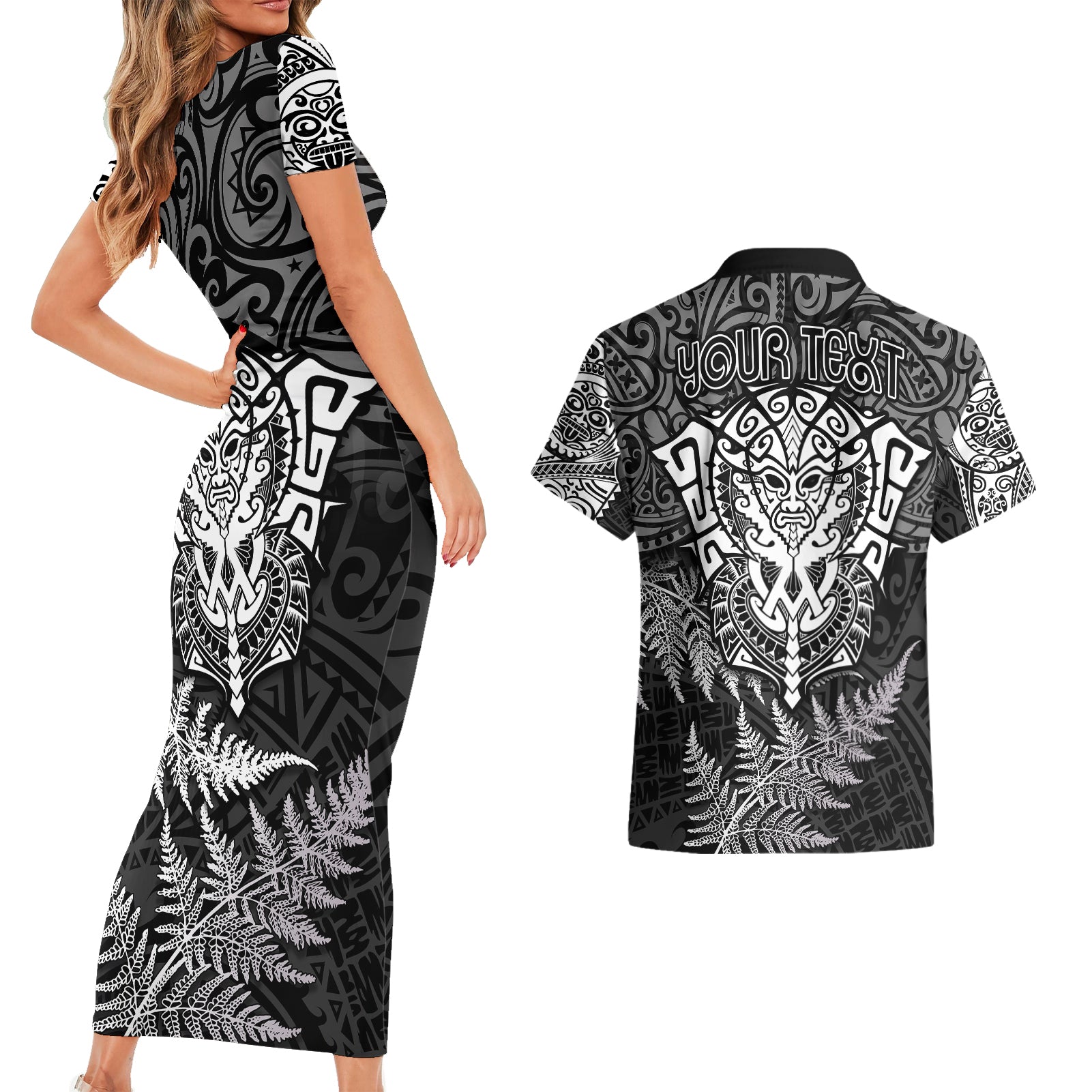 personalised-new-zealand-rugby-couples-matching-short-sleeve-bodycon-dress-and-hawaiian-shirt-silver-fern-all-black-mix-ta-moko-white-style