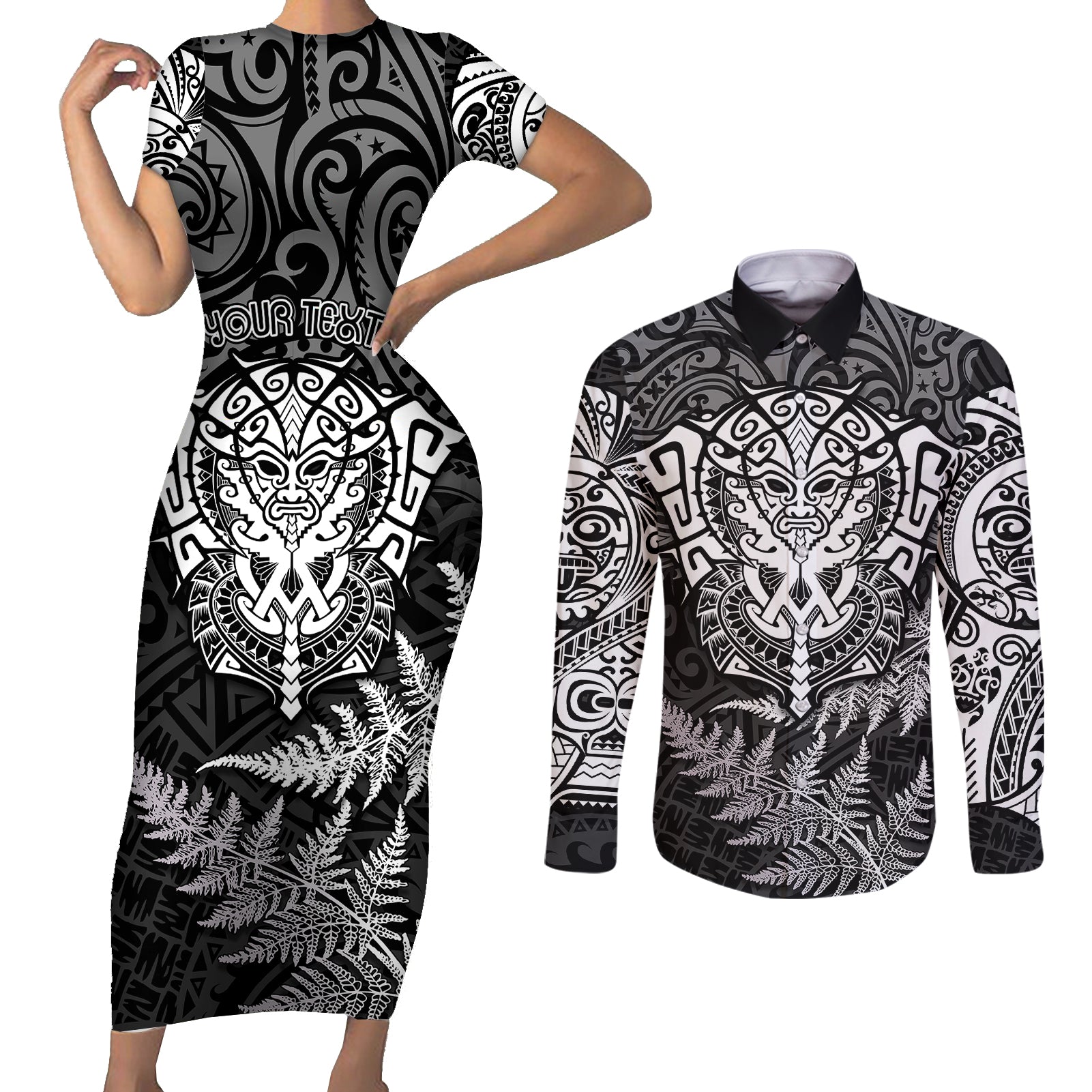 personalised-new-zealand-rugby-couples-matching-short-sleeve-bodycon-dress-and-long-sleeve-button-shirts-silver-fern-all-black-mix-ta-moko-white-style