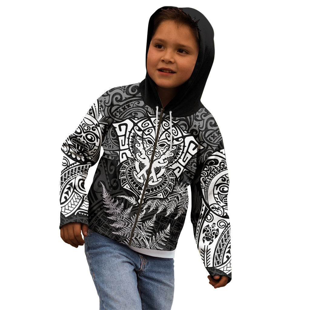 Personalised New Zealand Rugby Kid Hoodie Silver Fern All Black Mix Ta Moko White Style - Vibe Hoodie Shop