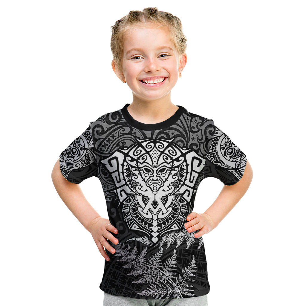 Personalised New Zealand Rugby Kid T Shirt Silver Fern All Black Mix Ta Moko White Style - Vibe Hoodie Shop