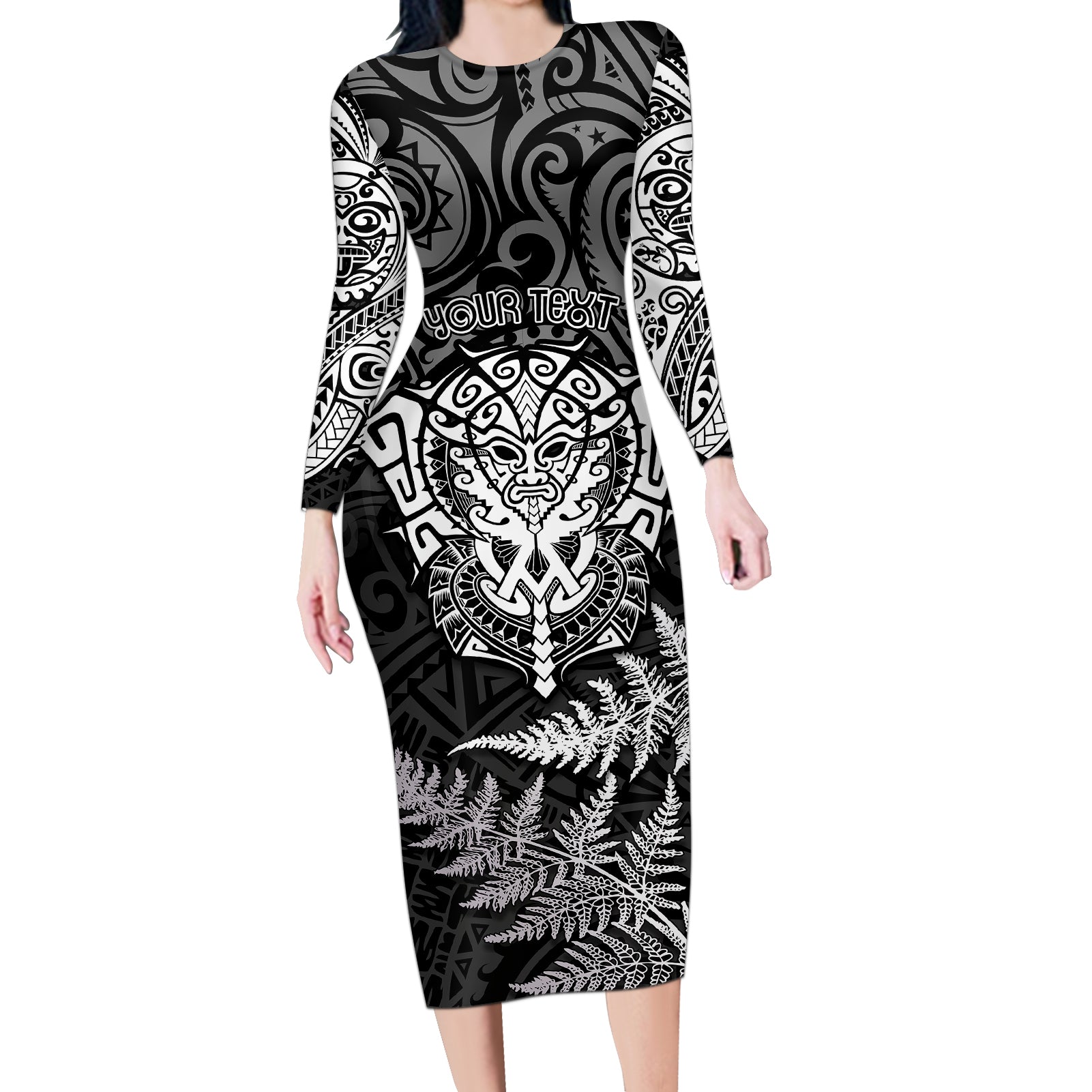 personalised-new-zealand-rugby-long-sleeve-bodycon-dress-silver-fern-all-black-mix-ta-moko-white-style