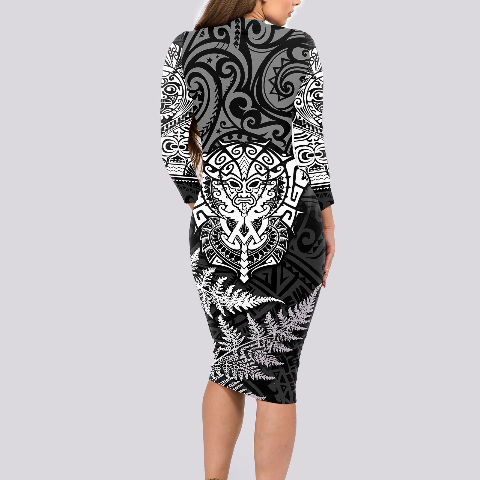 personalised-new-zealand-rugby-long-sleeve-bodycon-dress-silver-fern-all-black-mix-ta-moko-white-style