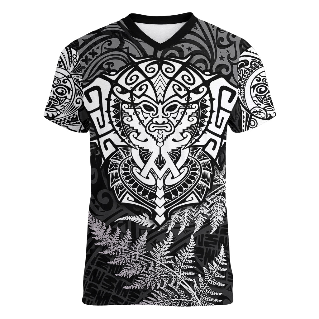 Personalised New Zealand Rugby Women V Neck T Shirt Silver Fern All Black Mix Ta Moko White Style - Vibe Hoodie Shop