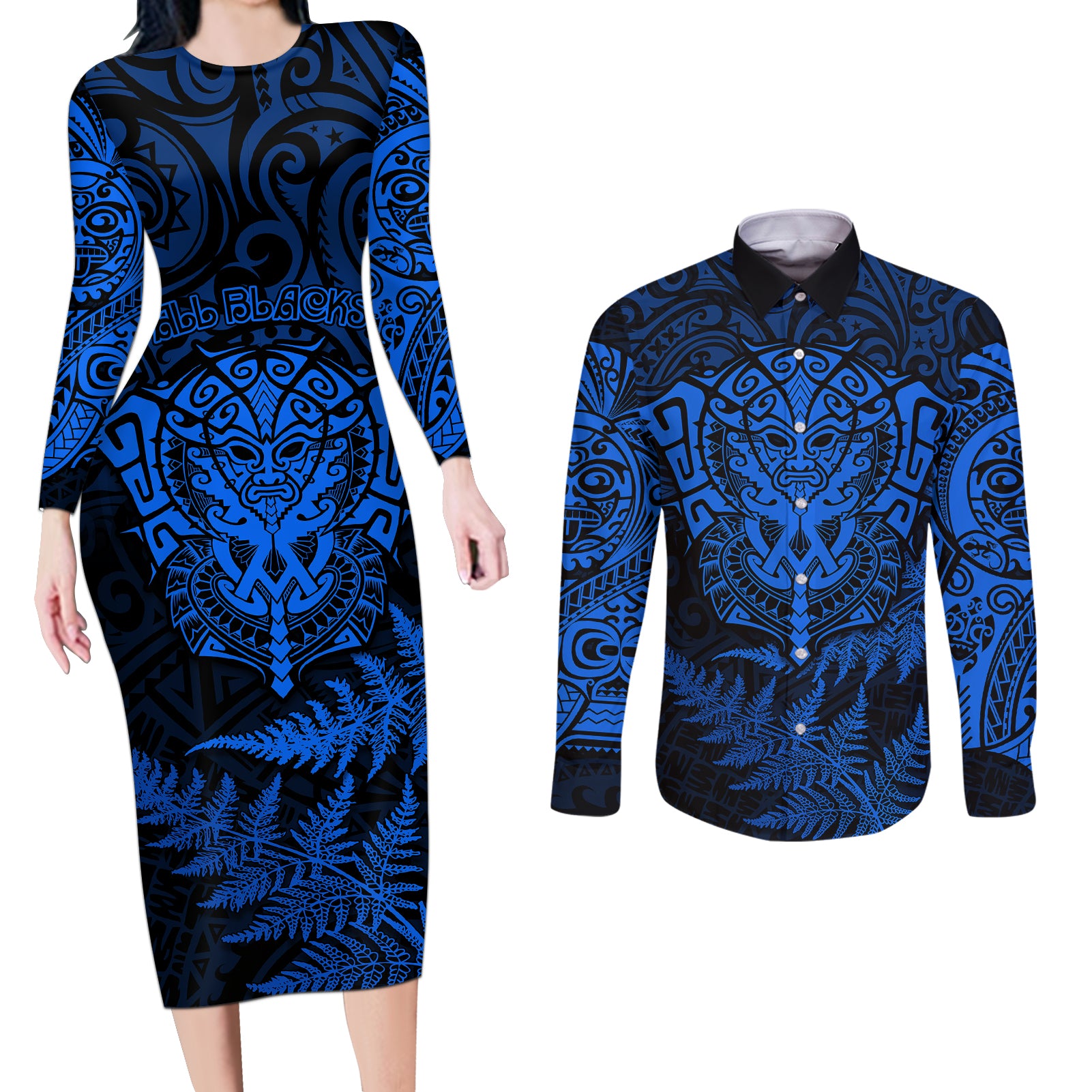 new-zealand-rugby-couples-matching-long-sleeve-bodycon-dress-and-long-sleeve-button-shirts-silver-fern-all-black-mix-ta-moko-blue-style