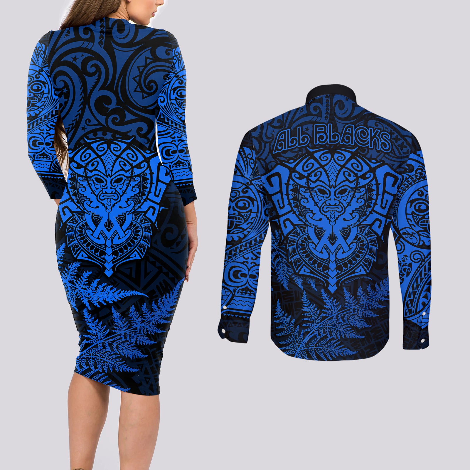 new-zealand-rugby-couples-matching-long-sleeve-bodycon-dress-and-long-sleeve-button-shirts-silver-fern-all-black-mix-ta-moko-blue-style