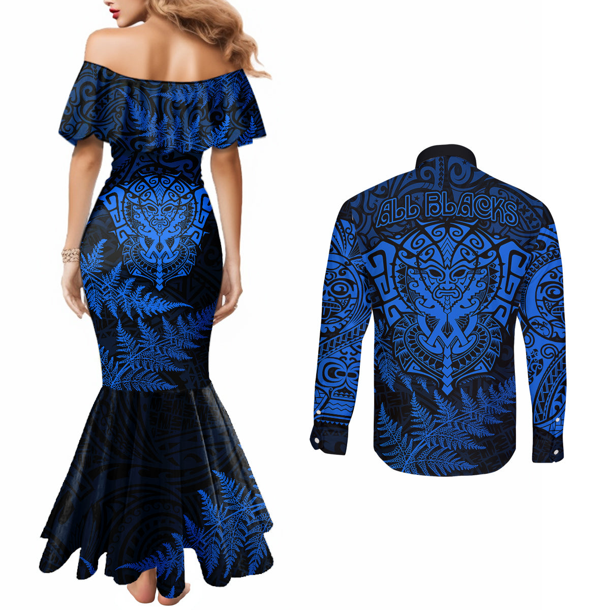 new-zealand-rugby-couples-matching-mermaid-dress-and-long-sleeve-button-shirts-silver-fern-all-black-mix-ta-moko-blue-style